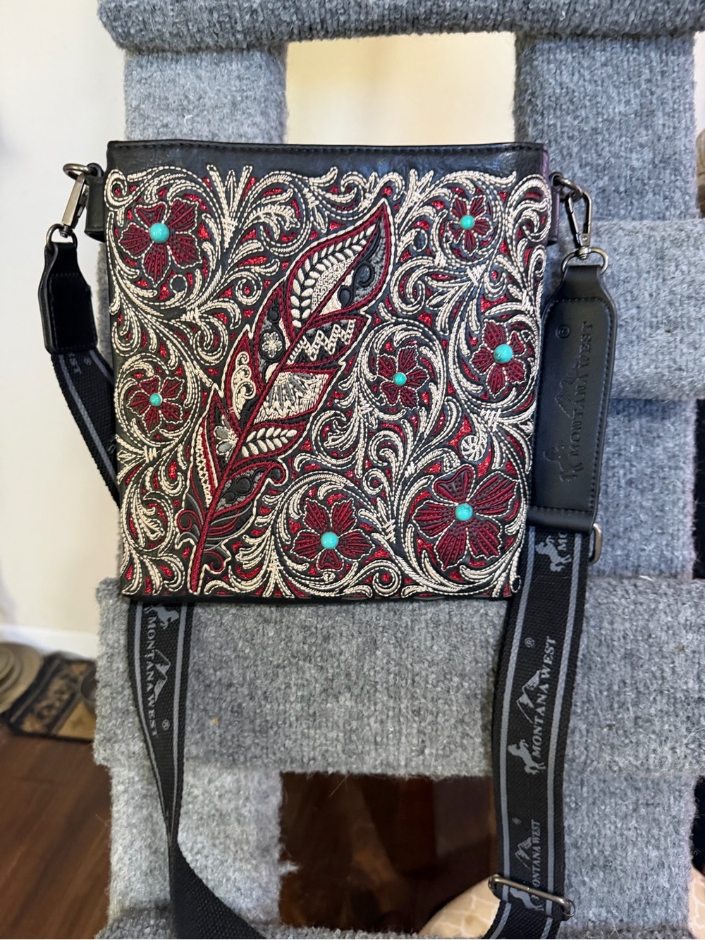 Tooled Floral Crossbody Bag with Turquoise Accents